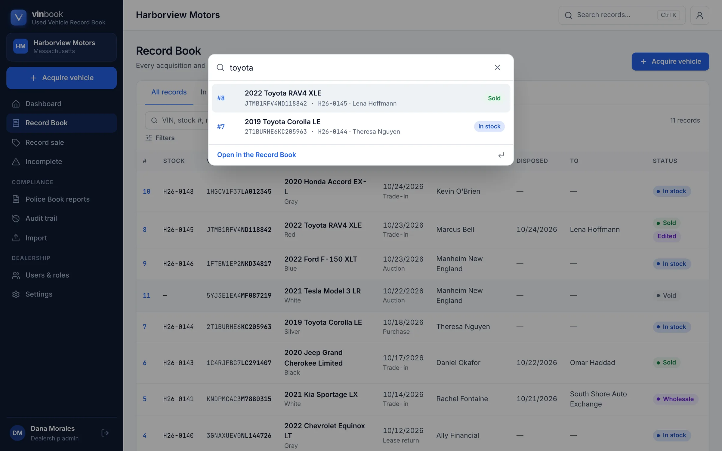 VinBook quick search open over the Record Book, showing two Toyota records that match the search “toyota”.